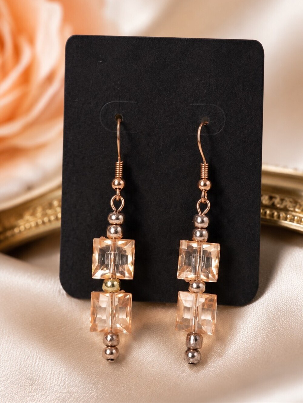 🌸2/$16🌸 Blush Crystal Cube Rose Gold Dangle Earrings
